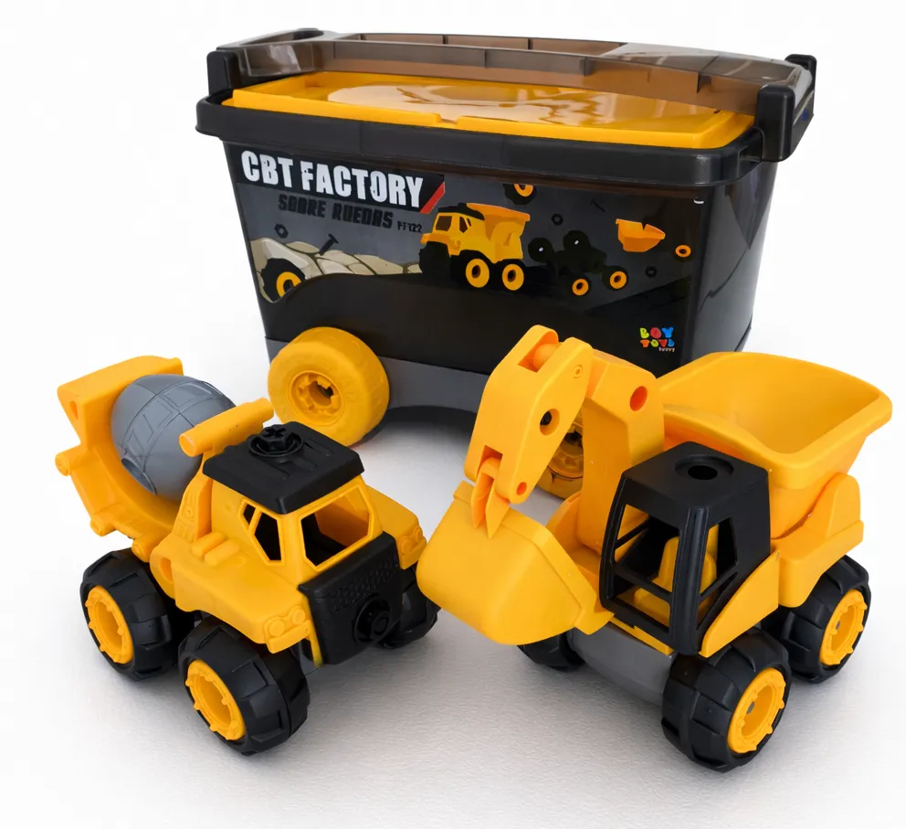 [PF122] FACTORY SOBRE RUEDAS BOY TOYS, CBT FACTORY, VAGÓN CON RUEDAS, INCLUYE CAMIONCITOS ARMABLES, 65 PIEZAS, INCLUYE HERRAMIENTA PARA ARMARLO