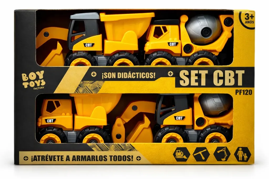 [PF120] SET CBT X4, BOY TOYS, INCLUYE 4 CAMIONCITOS ARMABLES Y UNA HERRAMIENTA